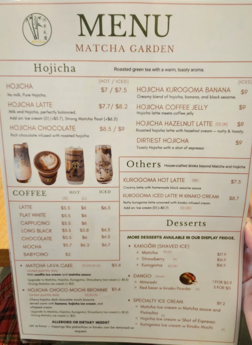 Menu, Matcha Garden