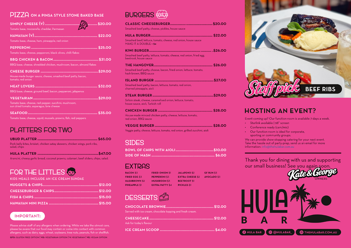 Menu, Hula Bar