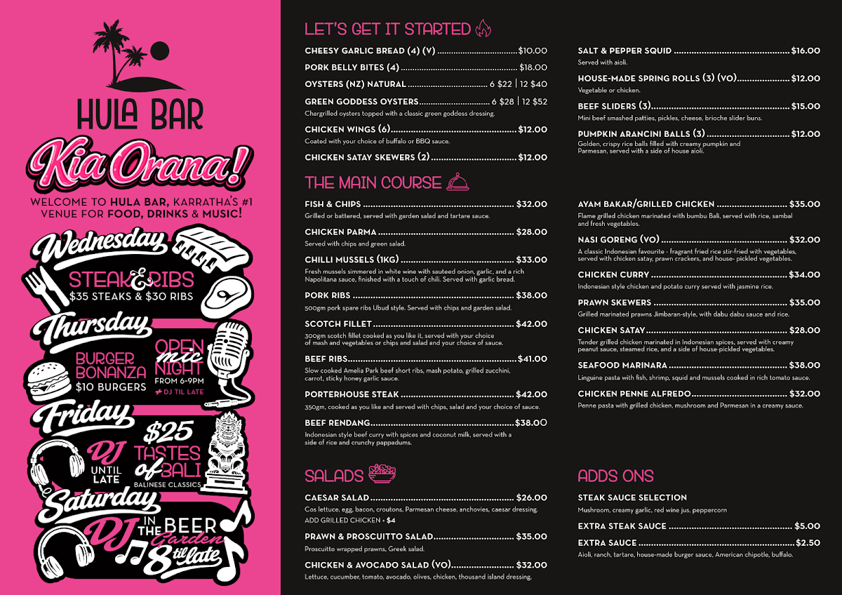 Menu, Hula Bar
