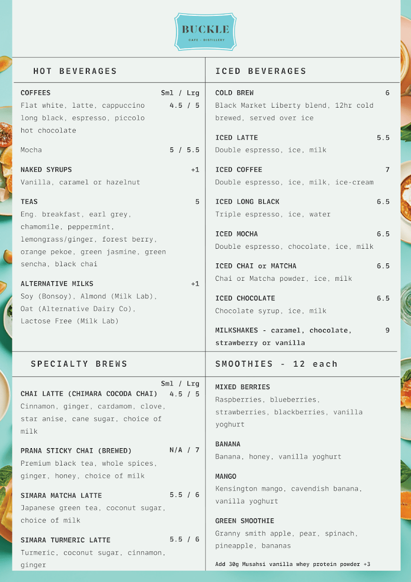 Menu, Buckle Cafe Distillery