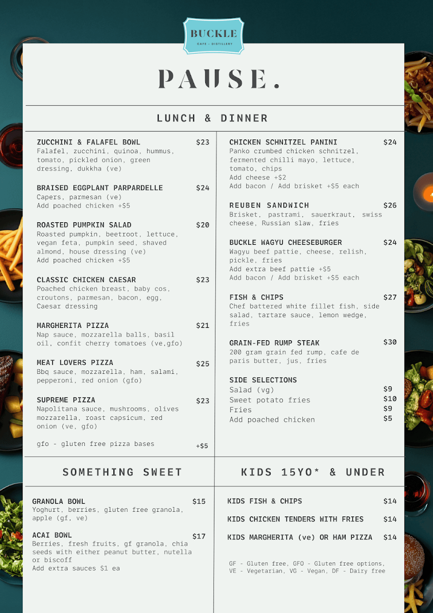 Menu, Buckle Cafe Distillery