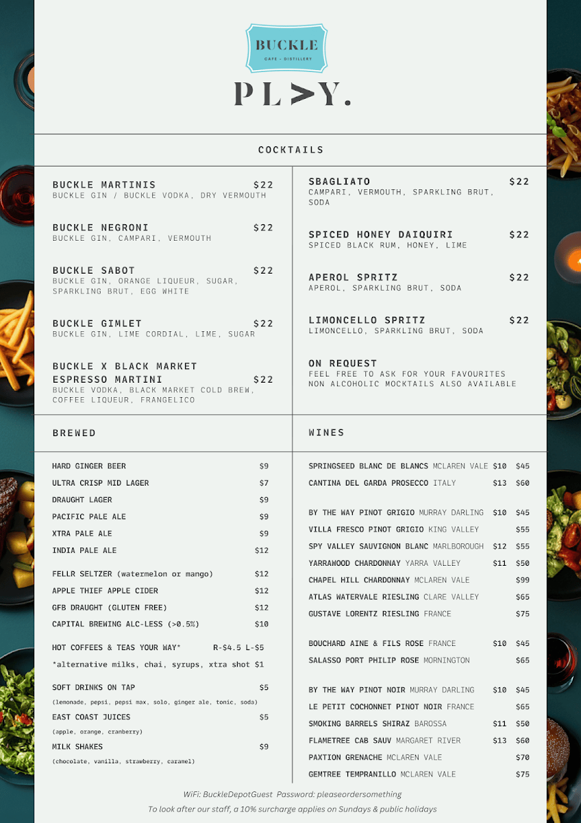 Menu, Buckle Cafe Distillery