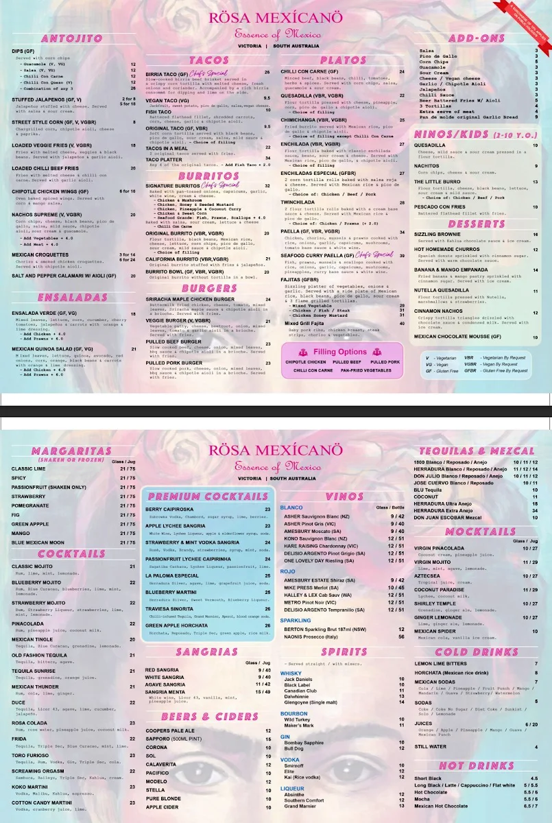 Menu, Rosa Mexicano Norwood