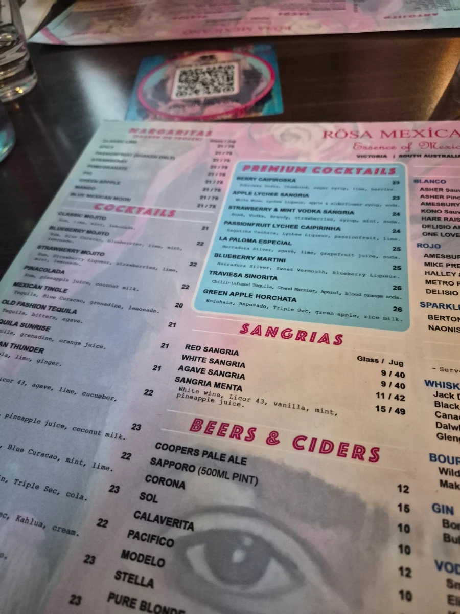 Menu, Rosa Mexicano Norwood