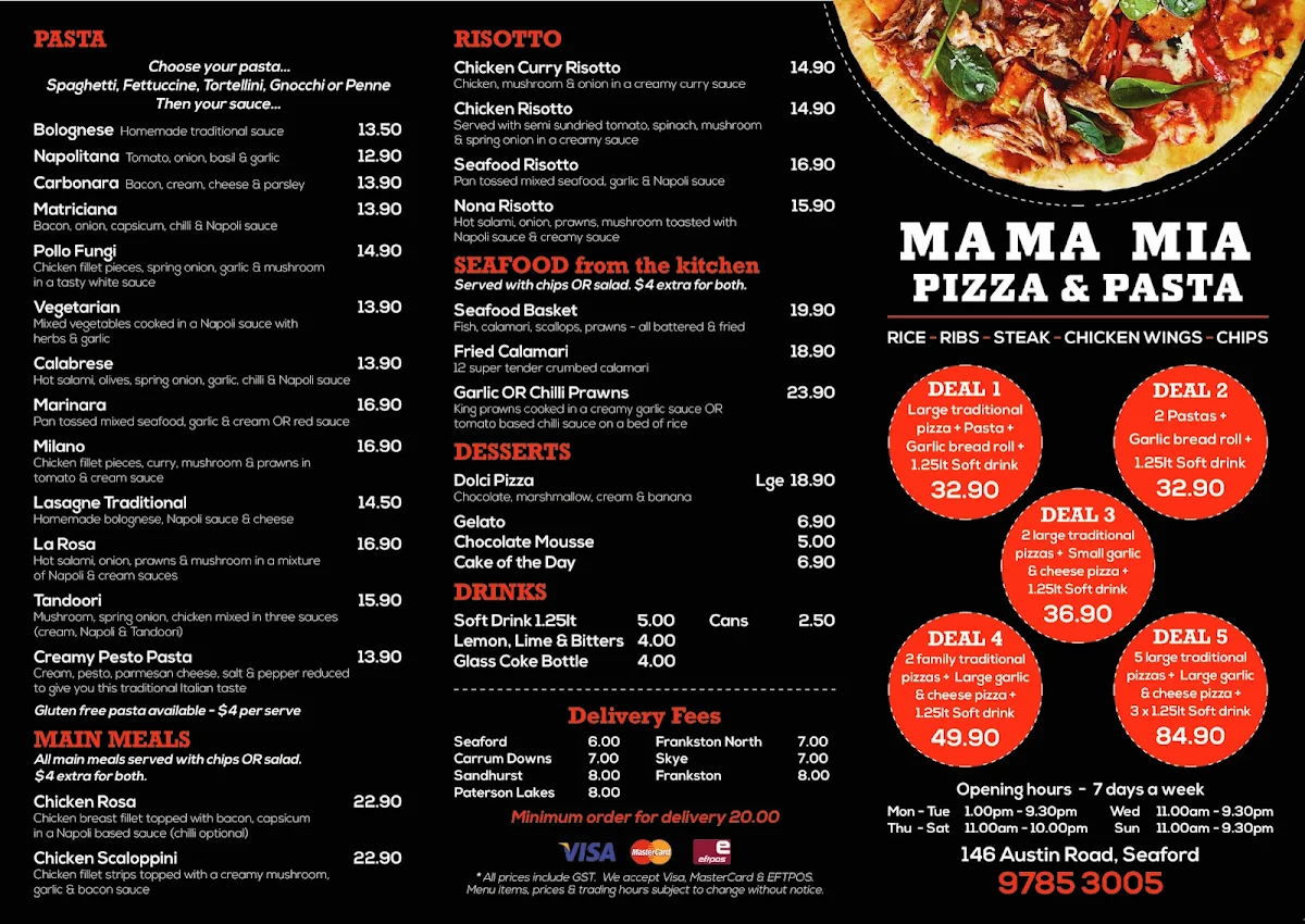 Menu, Mama Mia Pizza And Pasta
