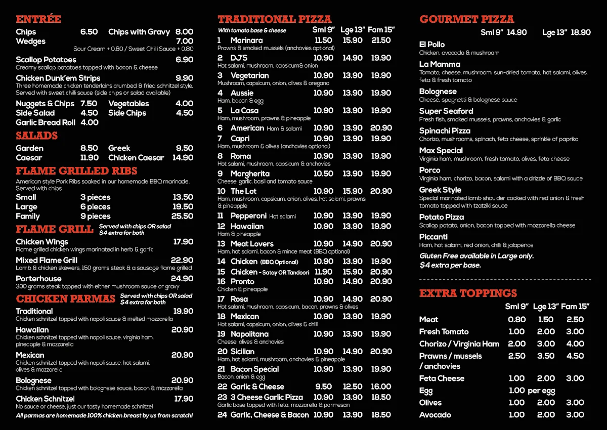 Menu, Mama Mia Pizza And Pasta