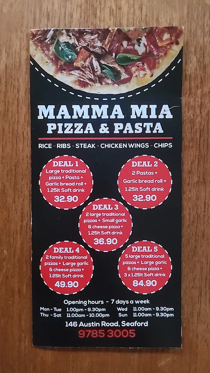 Menu, Mama Mia Pizza And Pasta