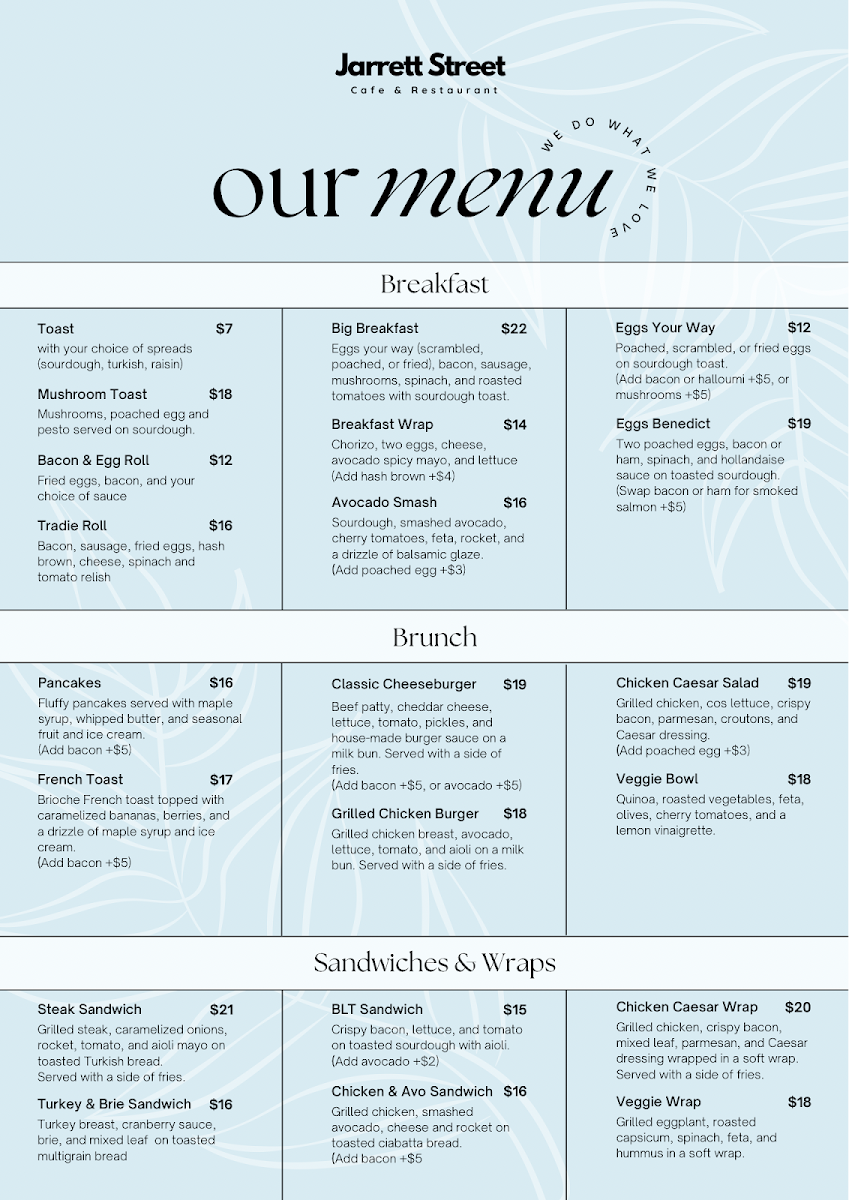 Menu, Jarrett Street Cafe