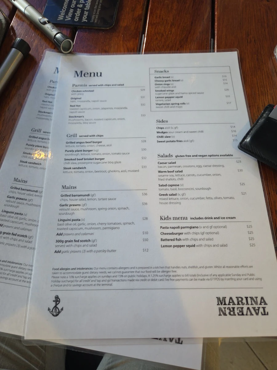 Menu, Marina Tavern