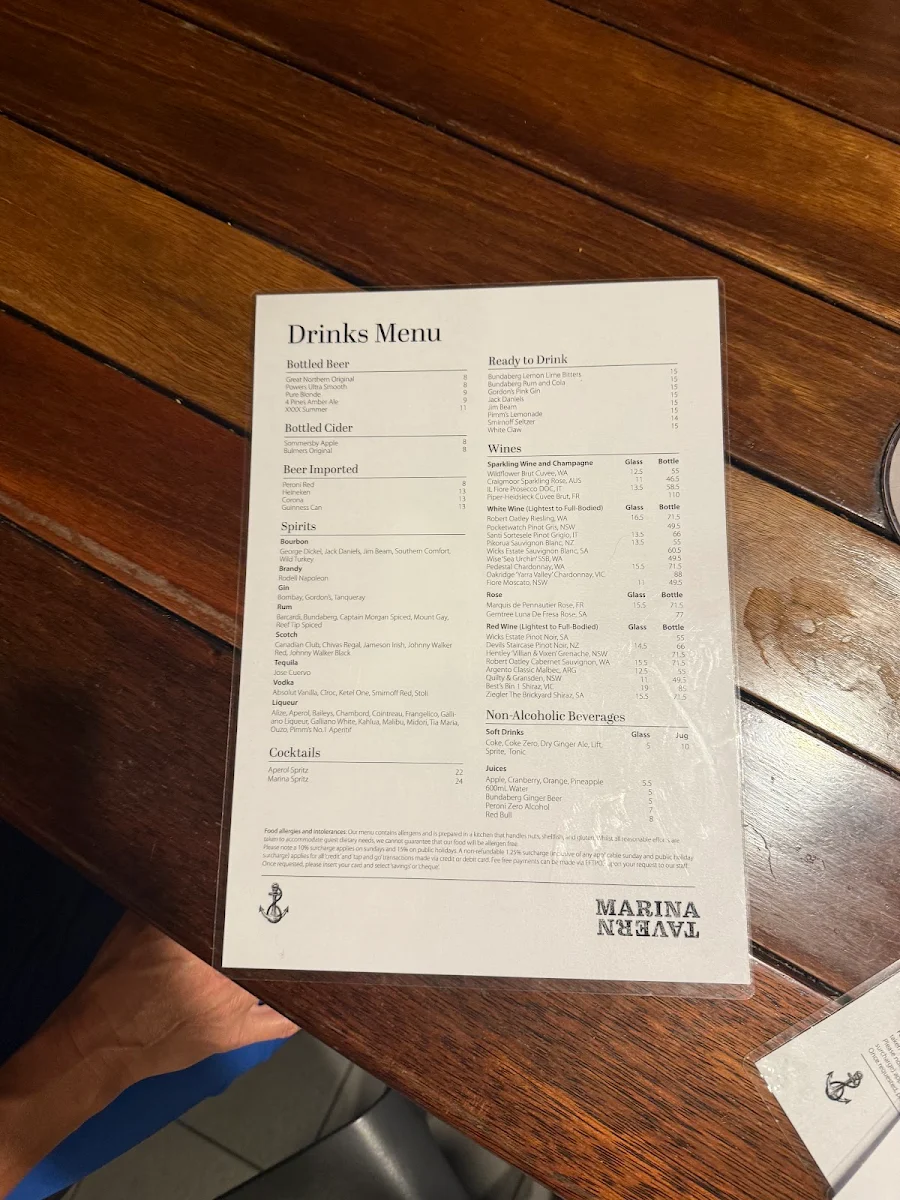 Menu, Marina Tavern