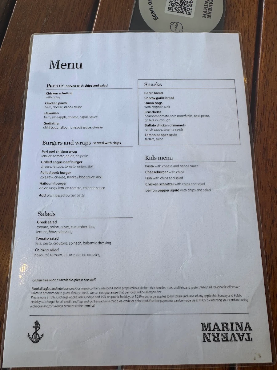 Menu, Marina Tavern