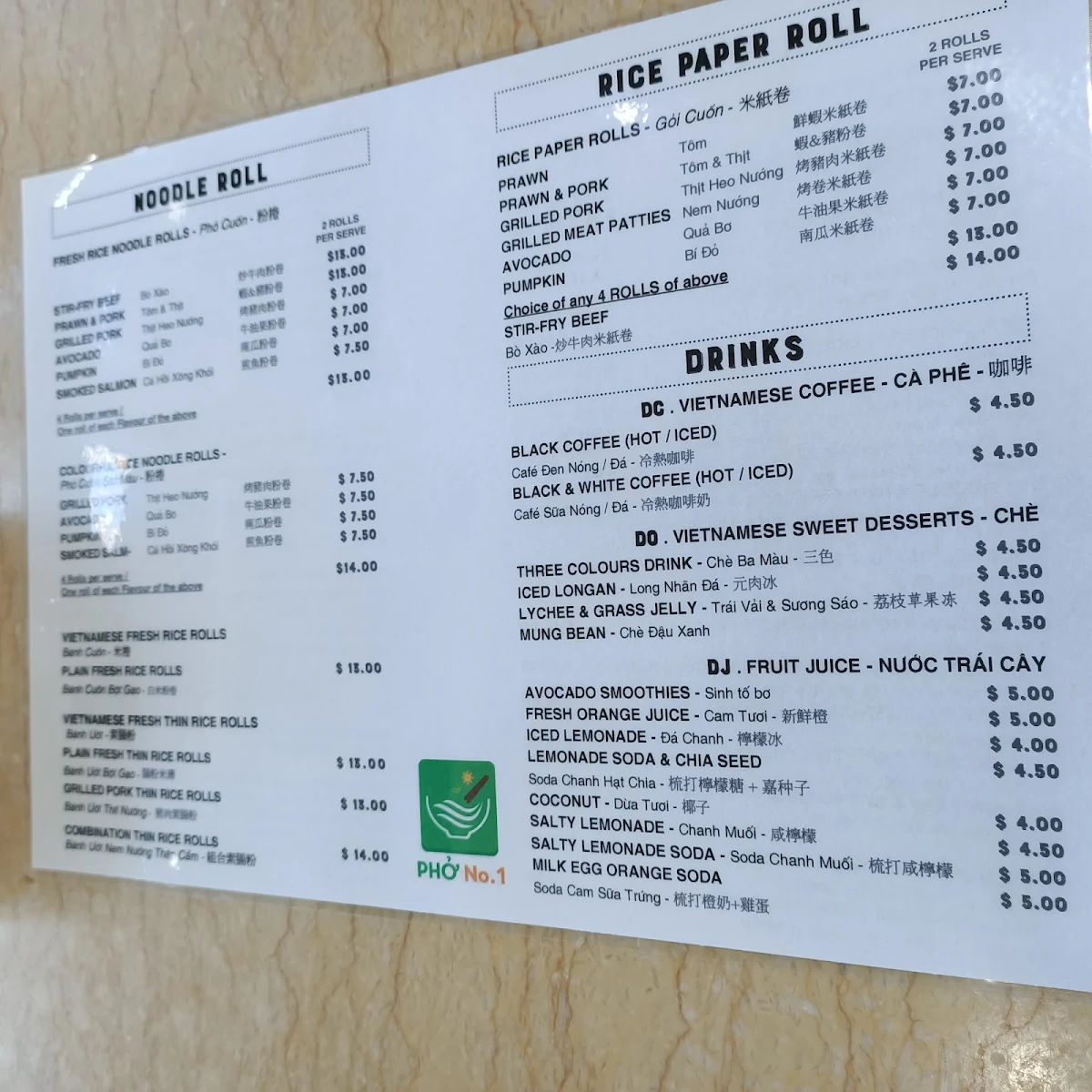 Menu, Pho No.1