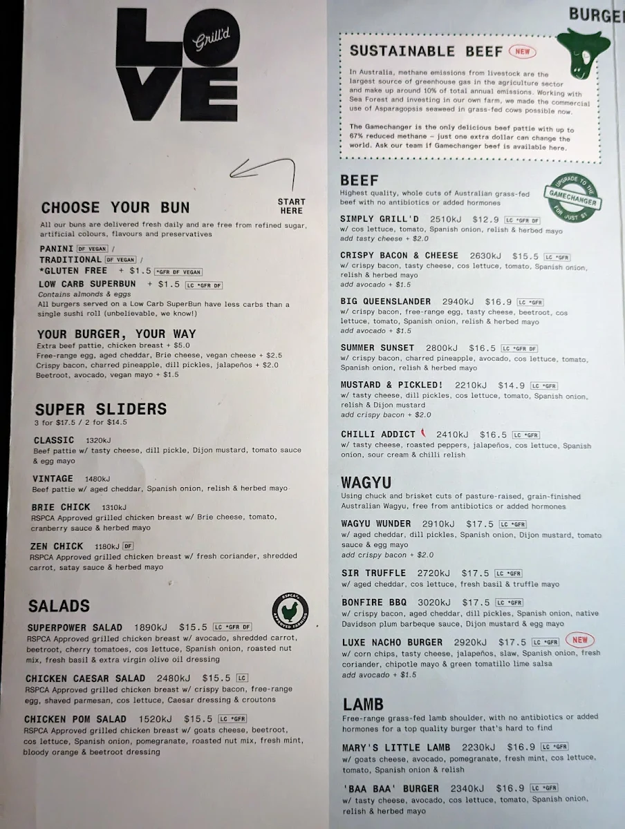 Menu, Grill'd Burgers - Toowoomba