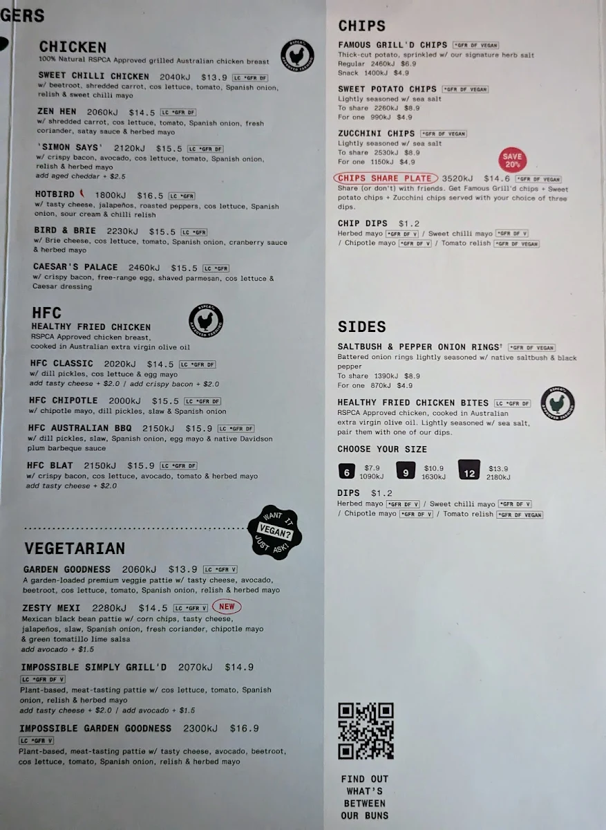 Menu, Grill'd Burgers - Toowoomba