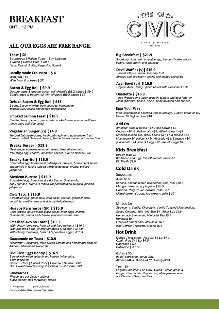 Menu, The Old Civic Cafe & Diner