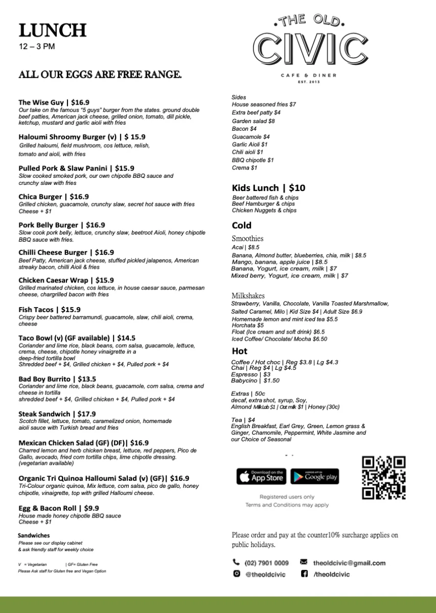 Menu, The Old Civic Cafe & Diner