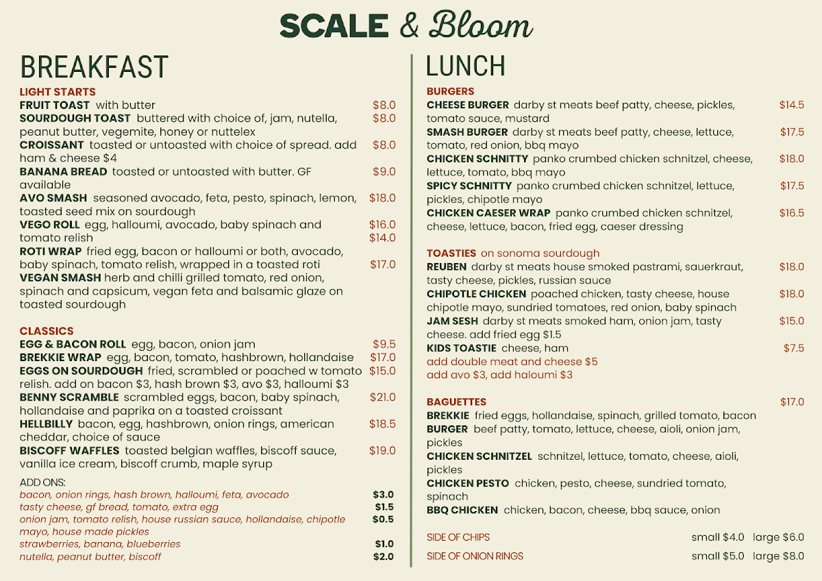 Menu, Scale & Bloom Cafe - Cardiff