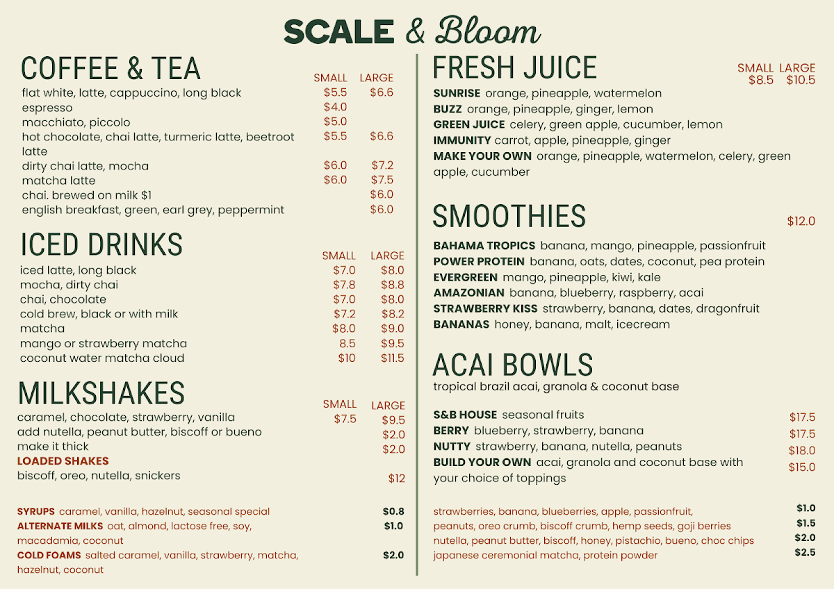 Menu, Scale & Bloom Cafe - Cardiff