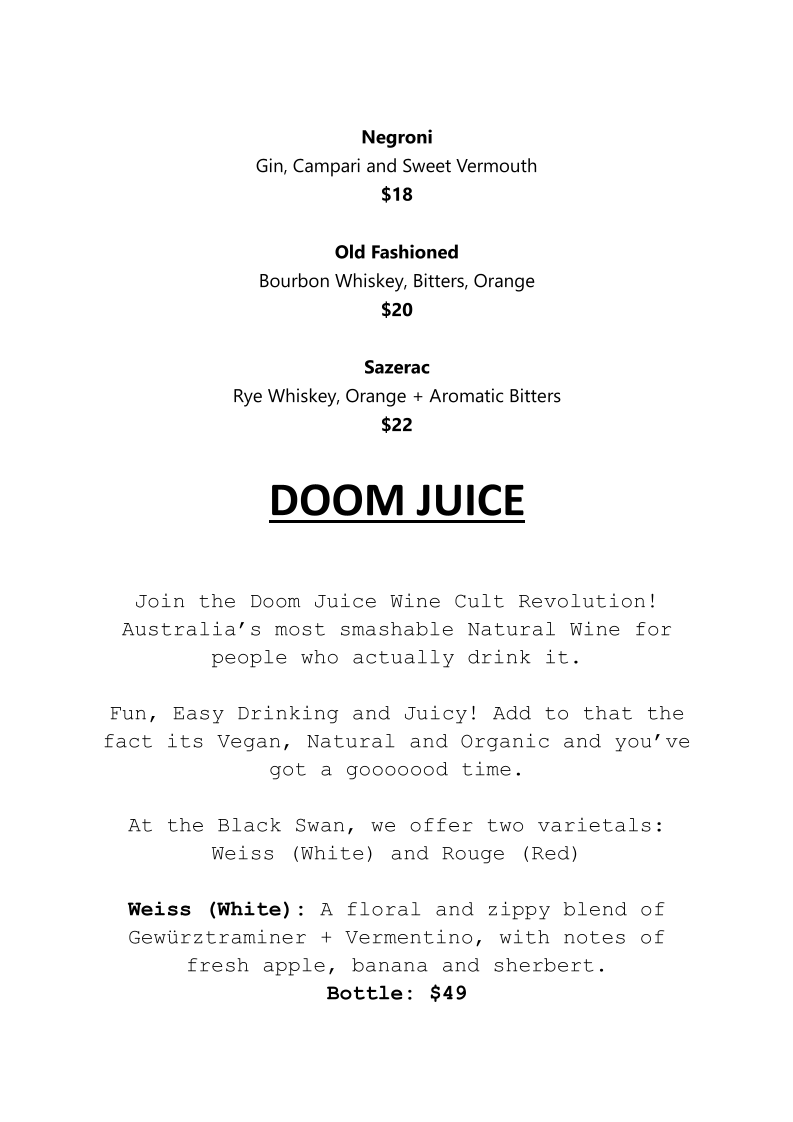 Menu, Black Swan Wine Bar