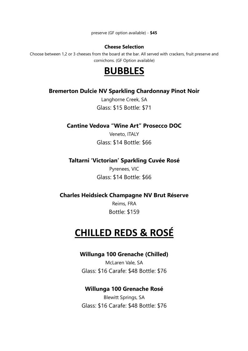 Menu, Black Swan Wine Bar