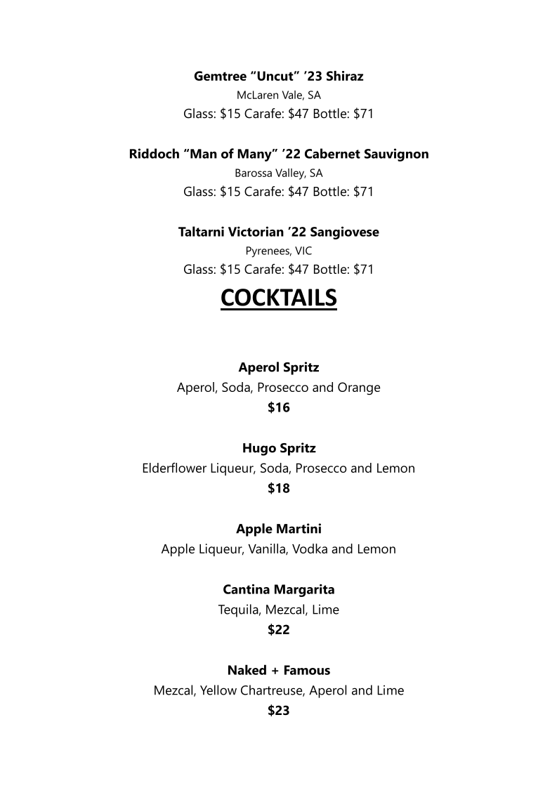 Menu, Black Swan Wine Bar