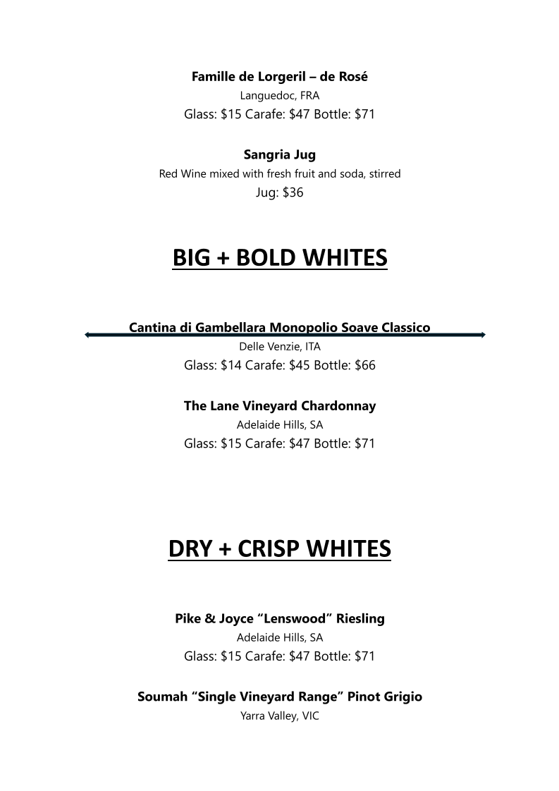 Menu, Black Swan Wine Bar