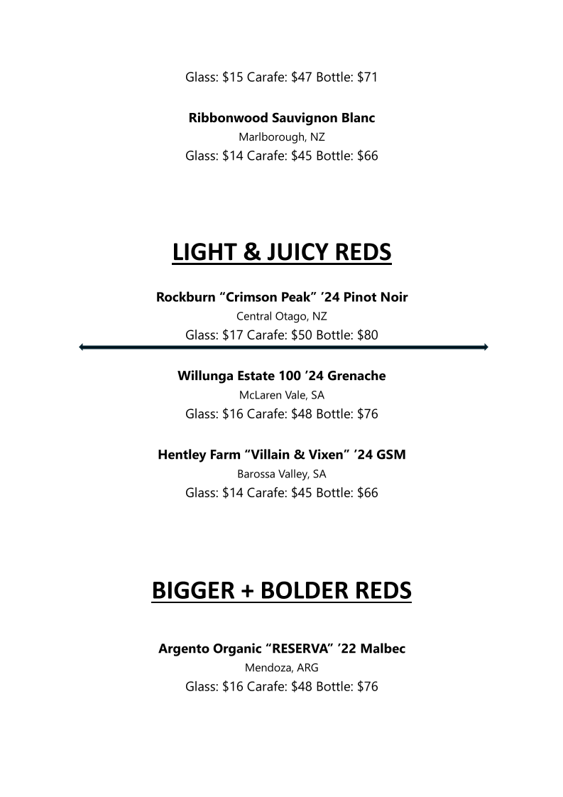 Menu, Black Swan Wine Bar