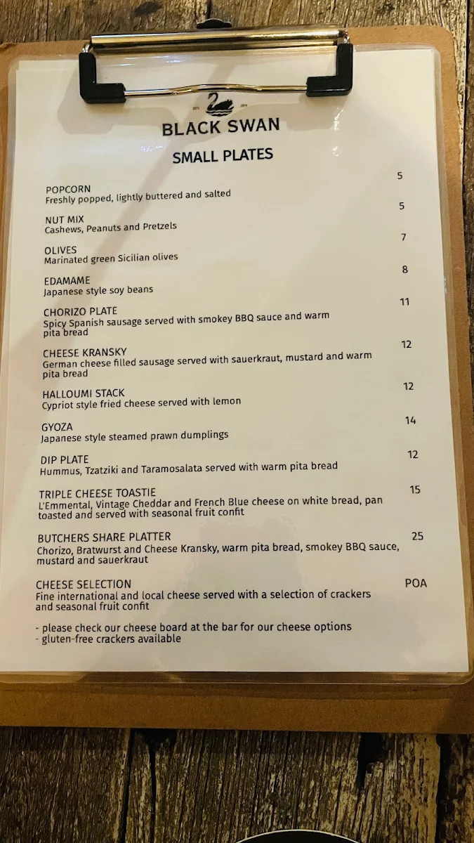 Menu, Black Swan Wine Bar