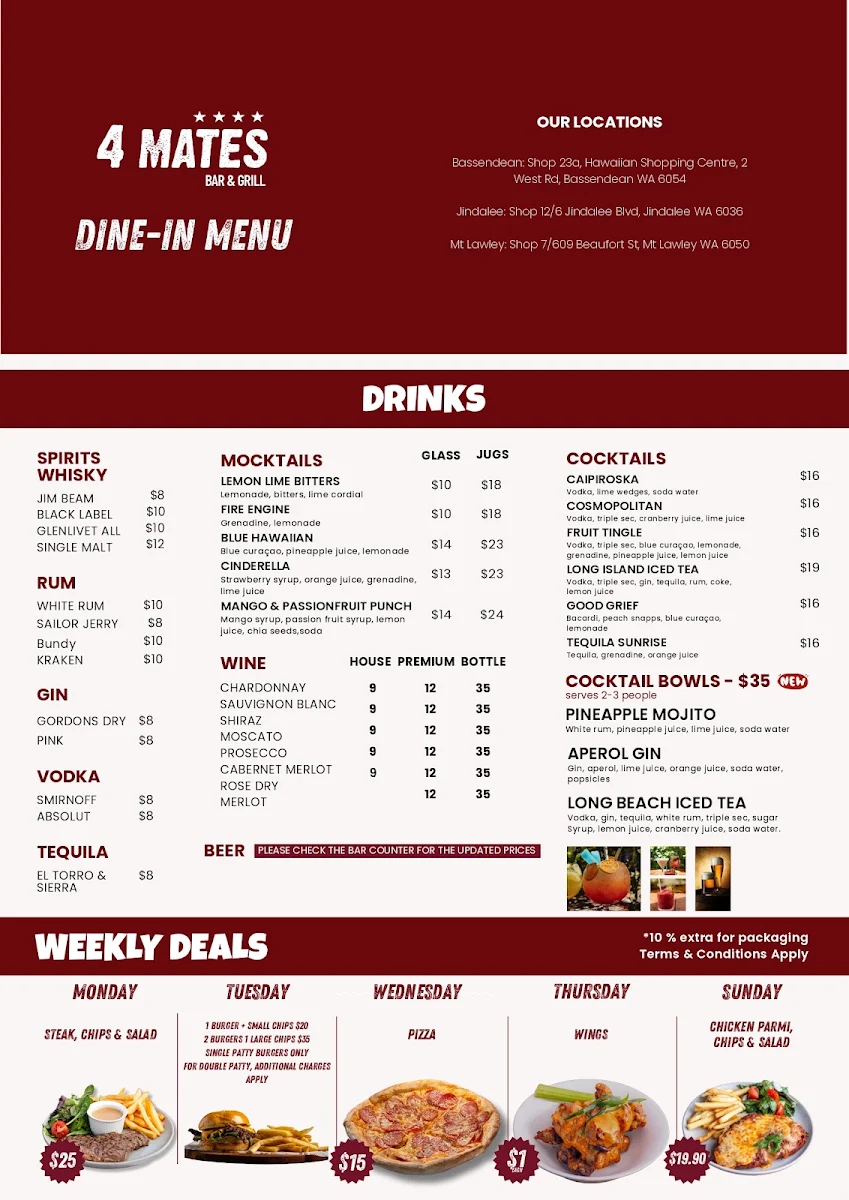 Menu, 4 Mates Bar & Grill - Bassendean