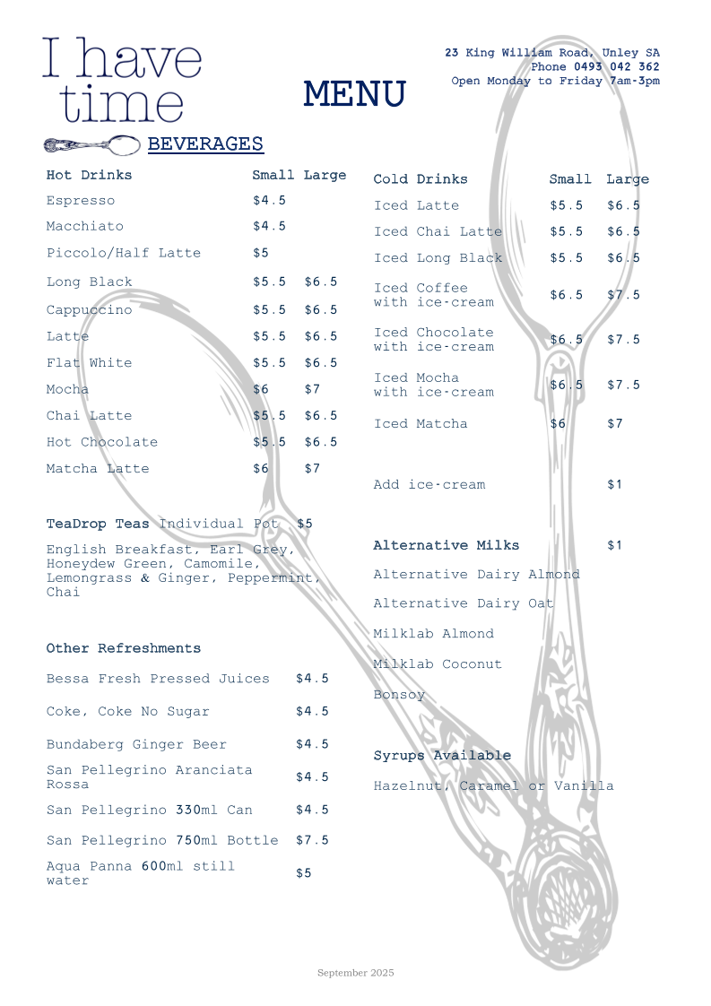 Menu, I Have Time Coffee Shop