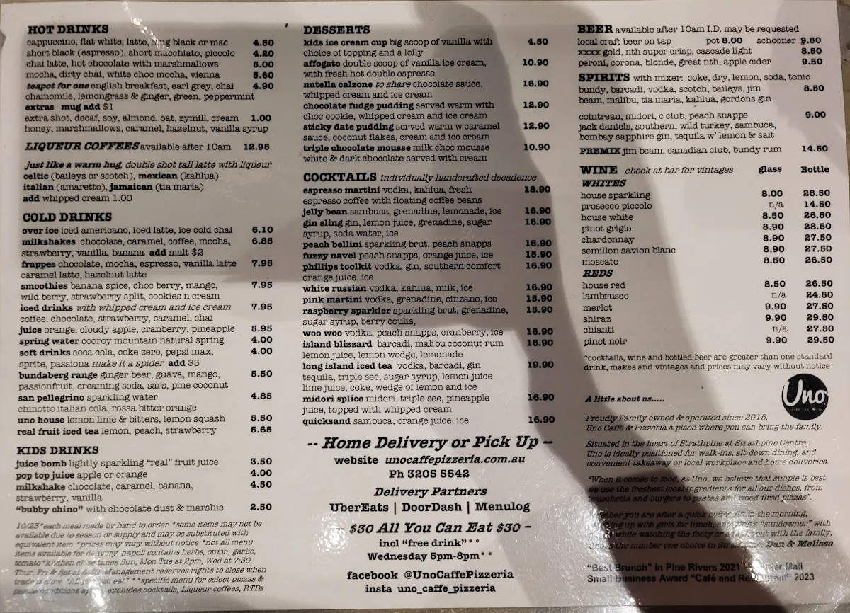Menu, Uno Caffe & Pizzeria