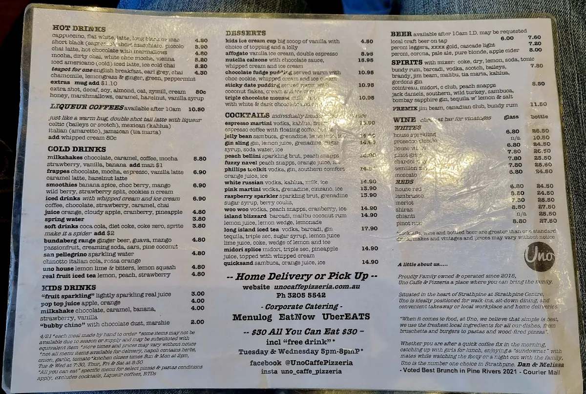 Menu, Uno Caffe & Pizzeria