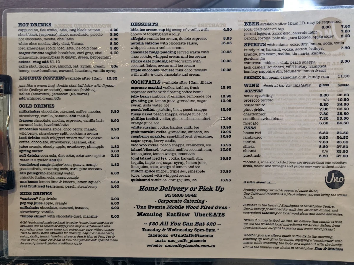 Menu, Uno Caffe & Pizzeria