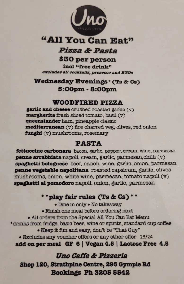 Menu, Uno Caffe & Pizzeria
