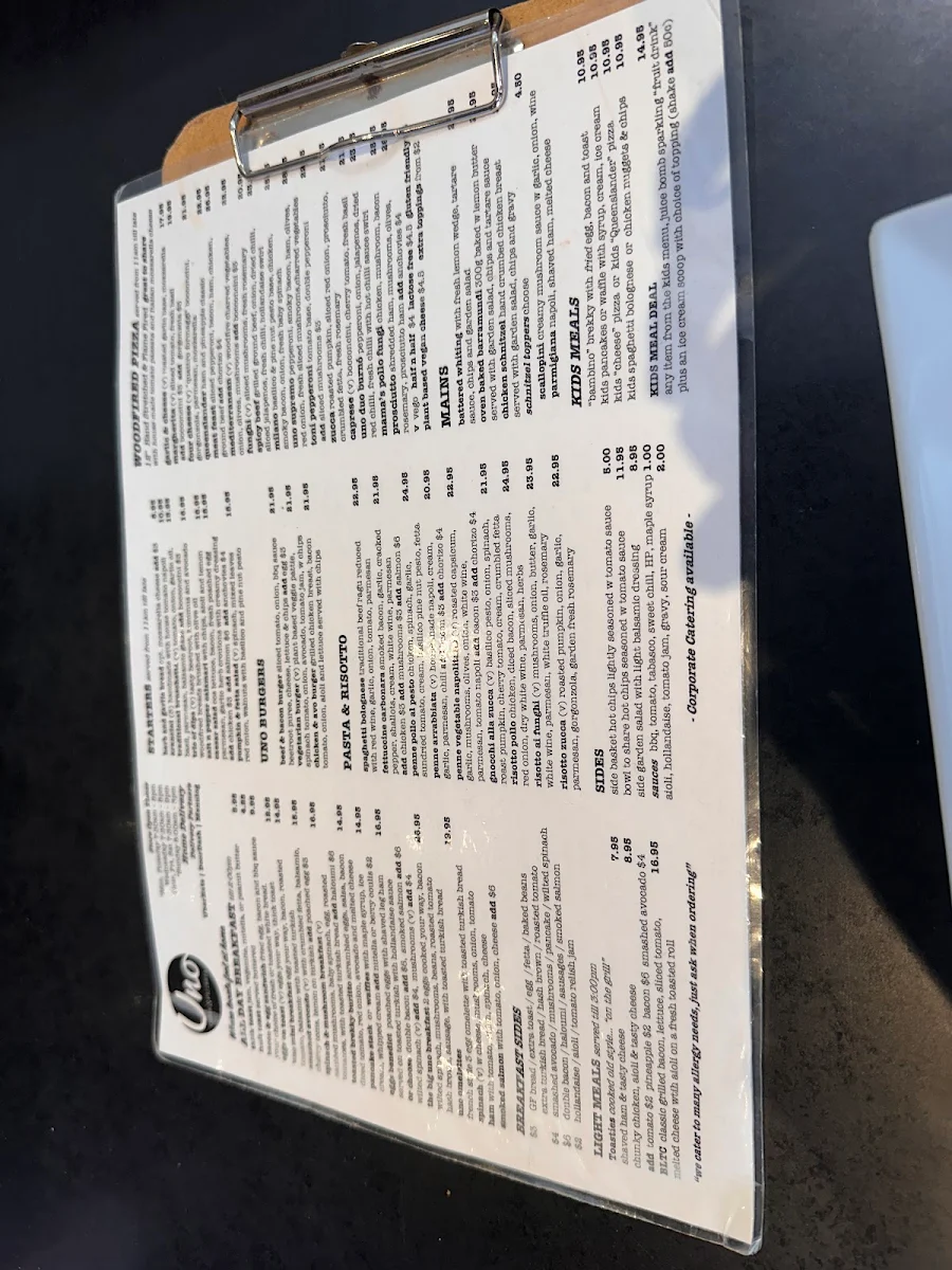 Menu, Uno Caffe & Pizzeria