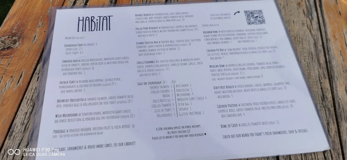 Menu, Habitat Cafe