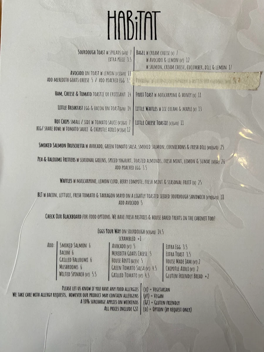 Menu, Habitat Cafe