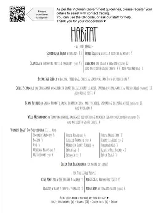 Menu, Habitat Cafe