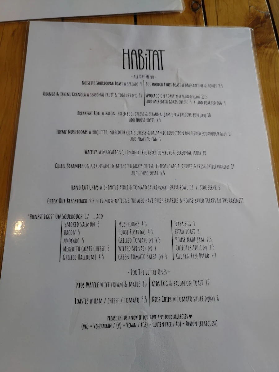Menu, Habitat Cafe