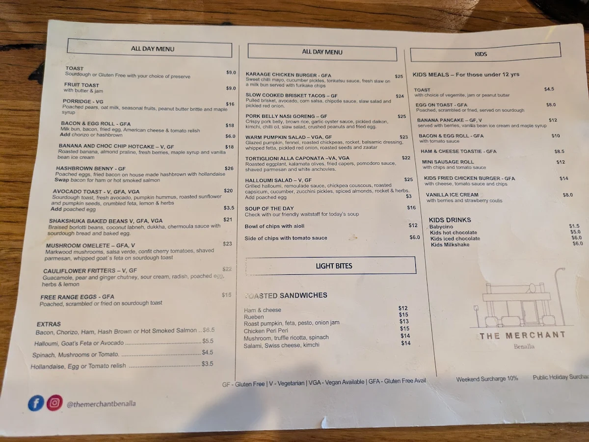 Menu, The Merchant Benalla