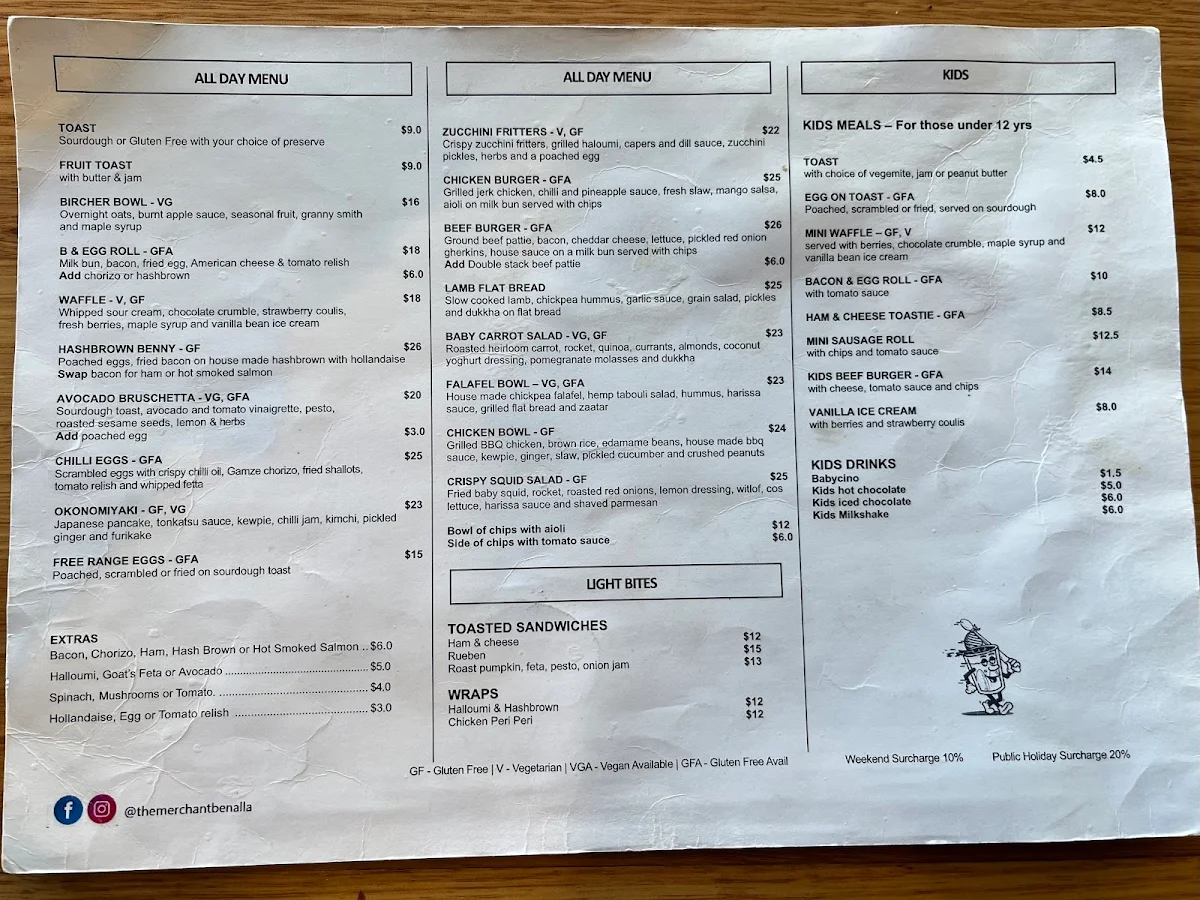 Menu, The Merchant Benalla