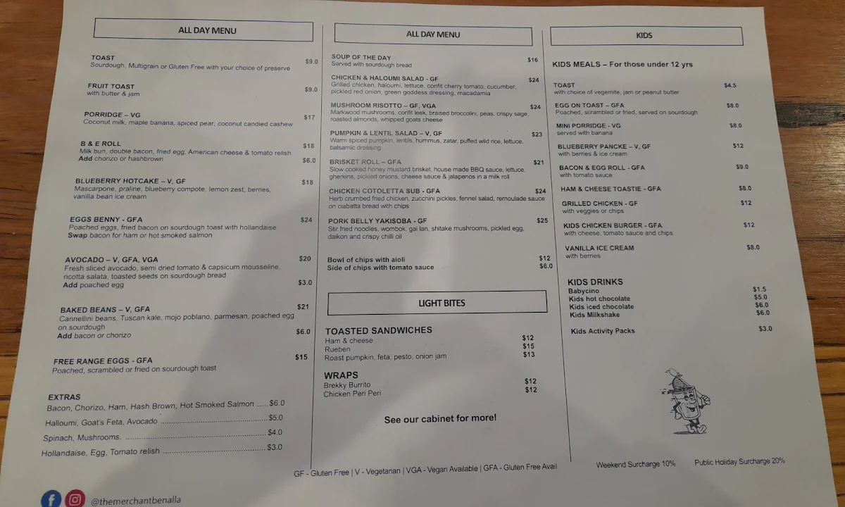 Menu, The Merchant Benalla