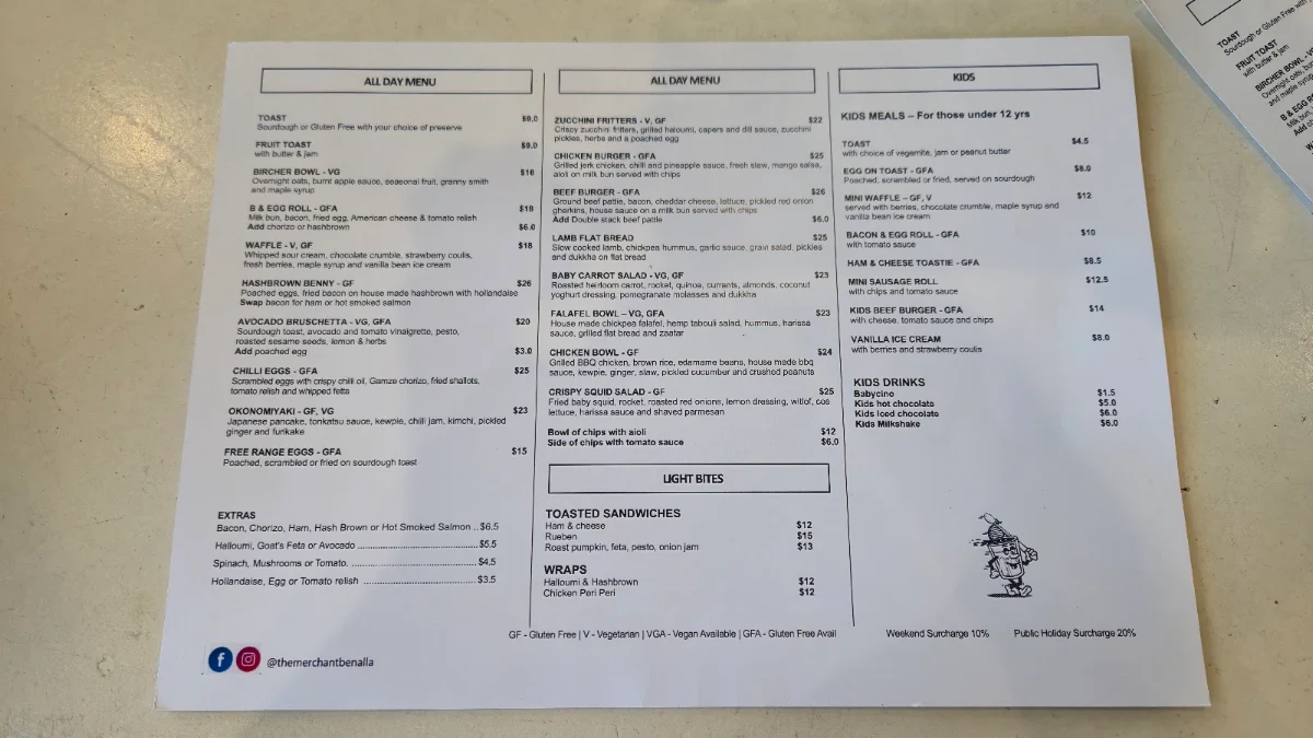 Menu, The Merchant Benalla