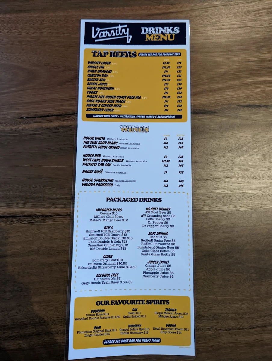Menu, Varsity Innaloo