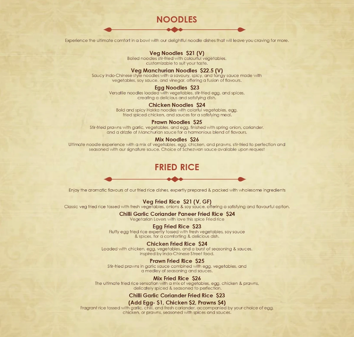 Menu, Seven Spices Modern Indian Restaurant