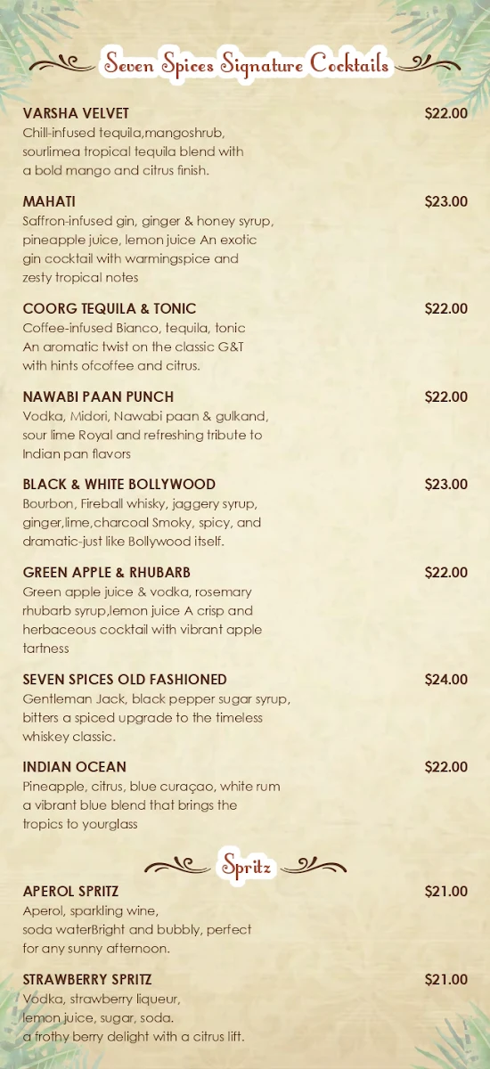 Menu, Seven Spices Modern Indian Restaurant