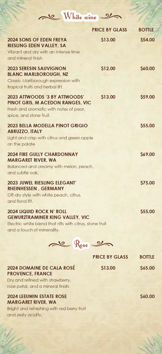 Menu, Seven Spices Modern Indian Restaurant