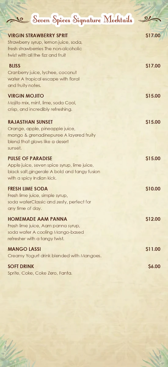 Menu, Seven Spices Modern Indian Restaurant