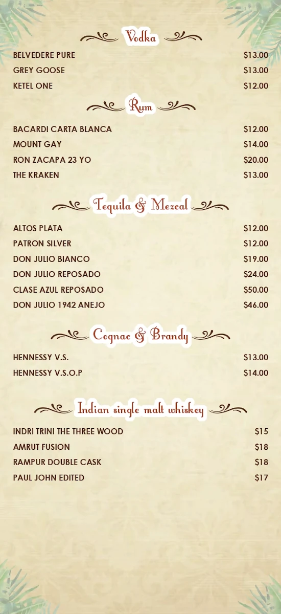 Menu, Seven Spices Modern Indian Restaurant