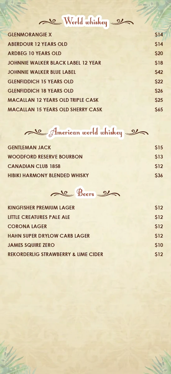 Menu, Seven Spices Modern Indian Restaurant